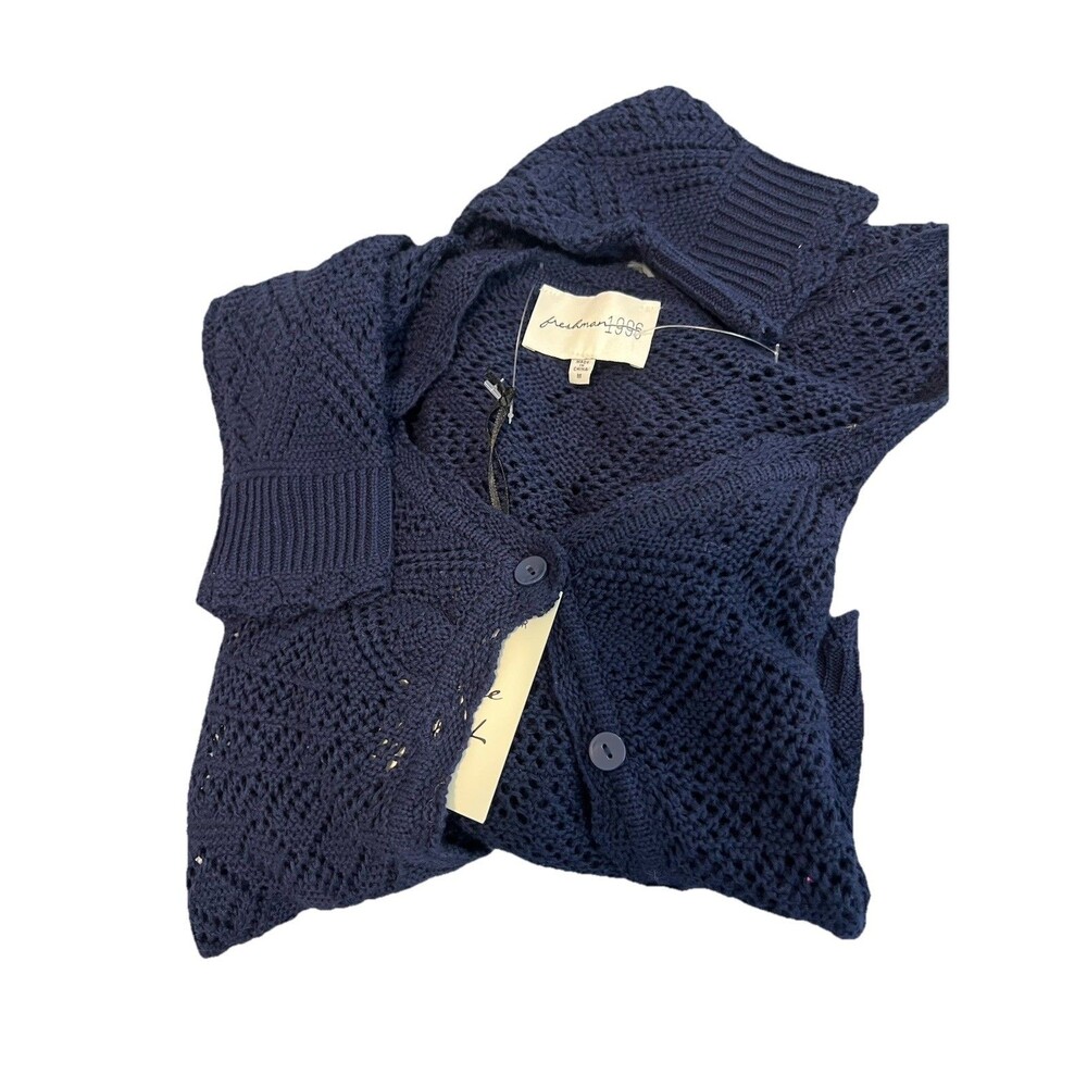 Freshman 1996 Cropped Sweater Womens Size MED Navy Blue Crochet Long Sleeve NWT‎